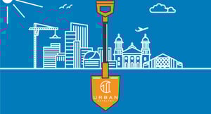 drawing of shovel in front of cityscape