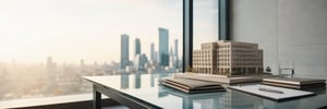 Architectural Model on Glass Table with City Skyline