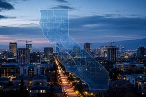 California Opportunity Zones Map Overlay Over San Jose Cityscape at Blue Hour