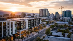 Golden Hour Downtown San Jose Skyline with Cranes and Modern Architecture