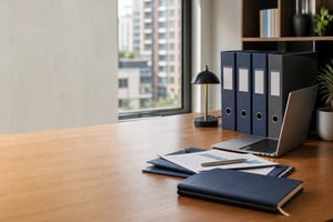 Organized Financial Desk With Laptop And Blurred City Window
