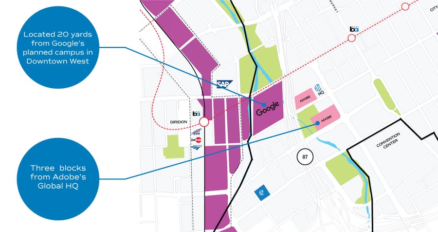 map of San Jose highlighting where Keystone development project is compared to new Google complex