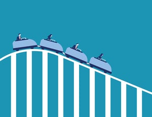 cartoon image of people riding in roller coaster carts