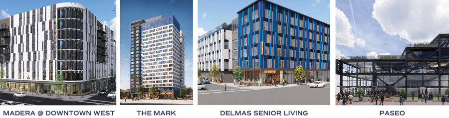 rendering of new real estate projects: Madera, The Mark, Delmas Senior Living, Paseo