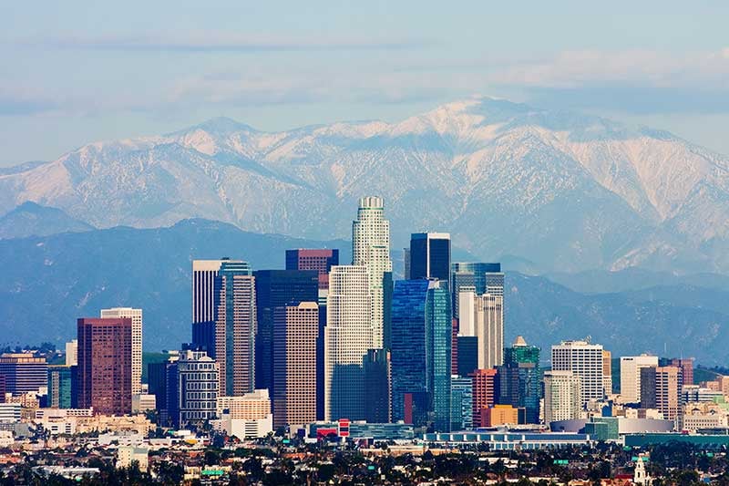 Los Angeles skyline with mountains in the background